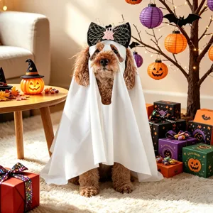 Halloween pet ghost costume set with white cloak and bow headband for small dogs and cats puppy.