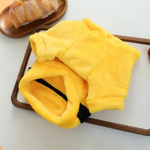 Detailed view of a cute yellow plush pet winter warm clothing with lovely design for small dogs.