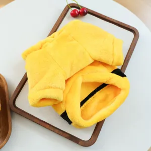 Cute winter warm pet hoodie for small dogs, yellow plush fleece puppy clothing with sweet design.