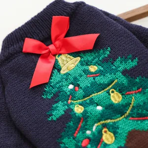 Cute Christmas pet sweater with embroidered tree and red bow, soft knit for small dogs cats.