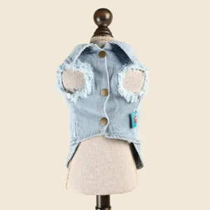 Detailed shot of pet denim vest, sleeveless lapel design, light blue wash for small dogs cats.