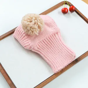 Gros plan détaillé du bonnet en tricot rose doux pour animal avec pompon duveteux.