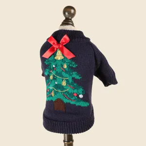 Cute pet christmas sweater for small dogs and cats, dark blue knitted winter pet clothing.