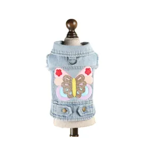 Cute pet denim jacket for small dogs and cats with a colorful butterfly embroidery patch.