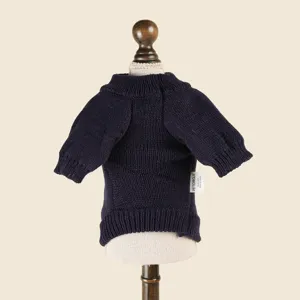Detailed view of the dark blue pet knit sweater for small dogs and cats, cozy winter apparel.