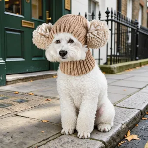 Bonnet tricoté confortable pour animal avec pompons duveteux, accessoire d'hiver chaud et doux.