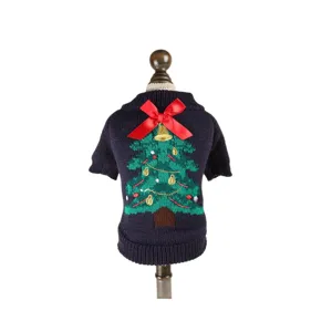 Pet Christmas sweater for small dogs and cats, festive winter knit apparel with bow.