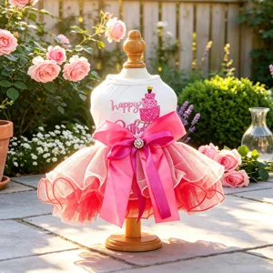Vue détaillée de la jolie robe tutu rose pour chien avec grand nœud et broderie d'anniversaire.