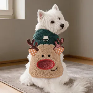 Christmas Reindeer Pet Dog Cat Plush Vest Warm Fleece Winter Apparel Small Dog Color Block Clothes With Harness D-Ring