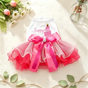 Robe Tutu de Anniversaire pour Animaux de Compagnie Maille Multicouche Jupe pour Chiot Broderie Gâteau Vêtements Avec Nœud Strass pour Chiens Chats