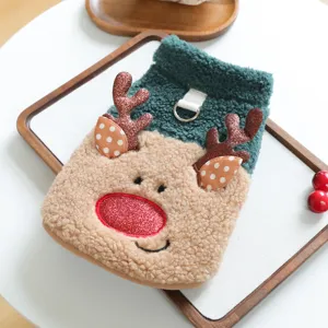 Detailed close-up of Christmas reindeer plush pet vest featuring shiny antlers and warm fleece.