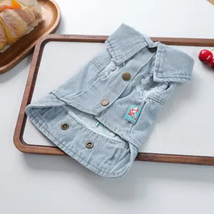 Stylish denim pet jacket for small dogs, featuring distressed details and lapel collar.