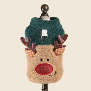 Christmas reindeer pet vest detail showing cute plush horns and red nose for small dogs and cats.