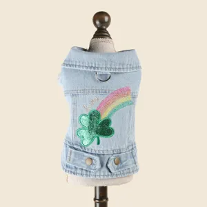 Pet denim jacket detail showing sparkling clover embroidery and metal D-ring design.