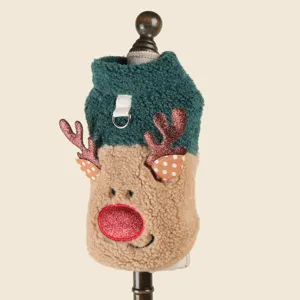 Cute Christmas reindeer pet plush vest for small dogs and cats, autumn winter warm apparel detail.