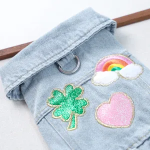 Cute denim pet jacket detail with rainbow and clover embroidery for small dogs stylish puppy coat