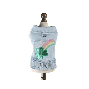 Stylish pet denim jacket with sparkly clover and rainbow embroidery for small dogs.
