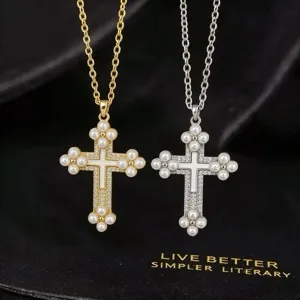 Gouden zilveren parel kruis ketting koper zirkoon hanger vrouwen mode sieraden accessoire