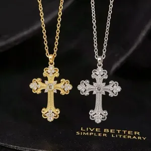 Vintage Koper Zirconia Kruis Hanger Ketting Mode Glanzend Geometrische Trui Ketting Ingelegd Kruis Ketting Voor Feest Vrouwen Sieraden Cadeau