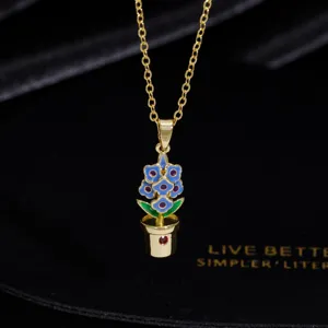 Vintage Emaillierte Blume Topf Anhänger Halskette, Goldkette, süßer filigraner Damenschmuck.