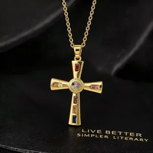 Retro hip-hop stijl kruis ketting met kleurrijke zirkoon stenen en gouden afwerking.
