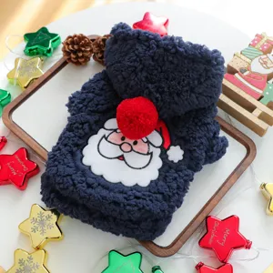 Details of the navy blue plush pet hoodie with cute Santa Claus applique for small dogs winter.
