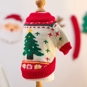 Detailed close-up view of the festive Christmas tree knit pet sweater with cozy red ribbed trim.