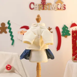 Charming pet Christmas dress featuring a white ribbed top and cute denim skirt for small dogs.