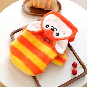 Cute striped pet plush hoodie with adorable animal hood design, warm and cozy apparel for small dogs.