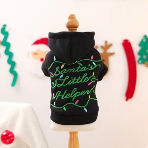 Cute black pet hoodie for small dogs with Christmas embroidery detail and warm cozy fabric.