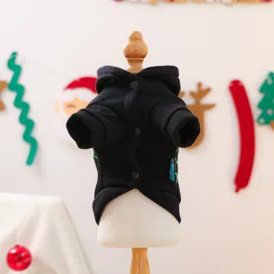 Detailed view of black pet dog hoodie with hood and snap buttons, ideal for small dogs winter.