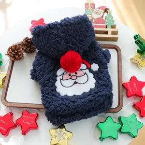 Navy blue plush pet hoodie detail featuring a cute Santa Claus embroidery and fluffy pom-pom.
