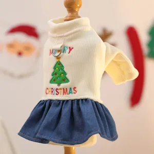 Small dog Christmas dress pet clothes puppy party cute outfit with tree embroidery