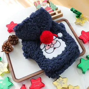 Cute navy blue plush pet dog sweater with Santa Claus design and red pom-pom for winter warmth.