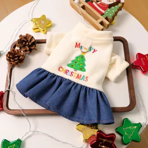 Cute Christmas pet dress for small dogs, featuring a knit top with a tree embroidery and denim skirt.