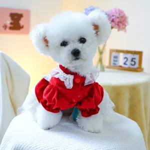 Schönes rotes Samtkleid für Hunde mit weißer Spitze und Perlenkragen, ideal für kleine Haustiere.