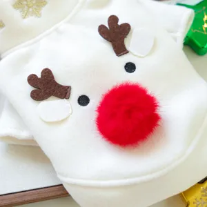 Süßes Weihnachtskostüm für kleine Hunde, weißes Renntier-Outfit mit roter Bommelnase.
