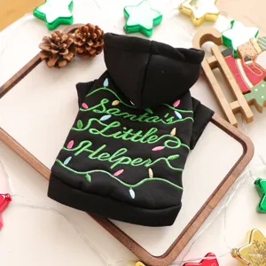 Black pet hoodie for small dogs, festive Christmas design with Santa's helper embroidery.