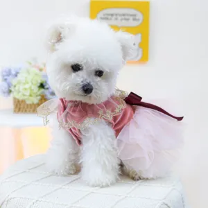 Schattige roze huisdier hondenjurk met fluweel mesh en strik voor kleine puppy's prinses feest