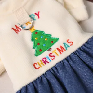 Cute pet Christmas dress with embroidery tree and D-ring, warm corduroy and denim for dogs.
