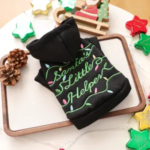 Black pet dog hoodie with Christmas letter embroidery and cute hood design, ideal for winter.