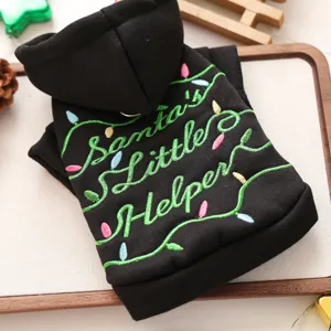 Cute black pet dog winter hoodie featuring festive holiday embroidery for small dogs and puppies.
