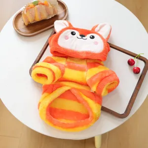 Cute autumn winter pet dog hoodie with fox face, soft fleece striped warm apparel for small dogs.