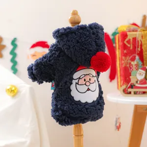 Cute pet fleece hoodie in navy blue featuring a festive Santa Claus design, perfect for winter.