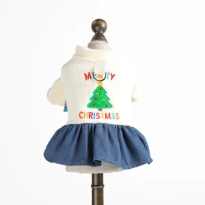 Cute Christmas dog dress with denim skirt and tree embroidery for small pets party wear.