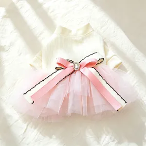 Zoete Prinses Hond Jurk Meerlagige Gaas Tutu Rok Breien Shirt Patchwork Puppy Kleding Lint Strik Strass Parel Decoratieve Kleding Voor Kleine Honden Katten Herfst Lente Huisdier Kostuum