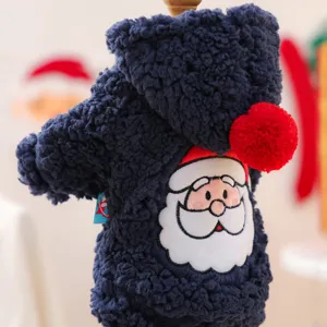 Cute navy blue pet fleece hoodie detail, warm winter dog clothes with cute Santa Claus graphic.