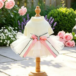 Schattige herfst winter gebreide hond tutu jurk met roze strik voor kleine hondjes poedels