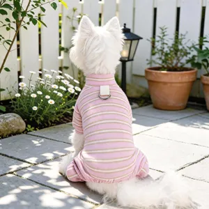 Soft Striped Pet Pajamas For Small Dogs Cats Four-Legged Dog Jumpsuit With Leash D-Ring Cozy Warm Pet Clothes For Indoor Casual Wear