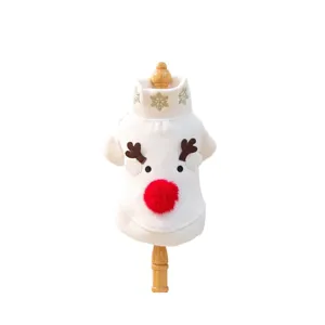 Süße Weihnachts-Rentier-Haustierhundekleidung mit roter Pom-Pom-Nase und weichem Fleece, weiß